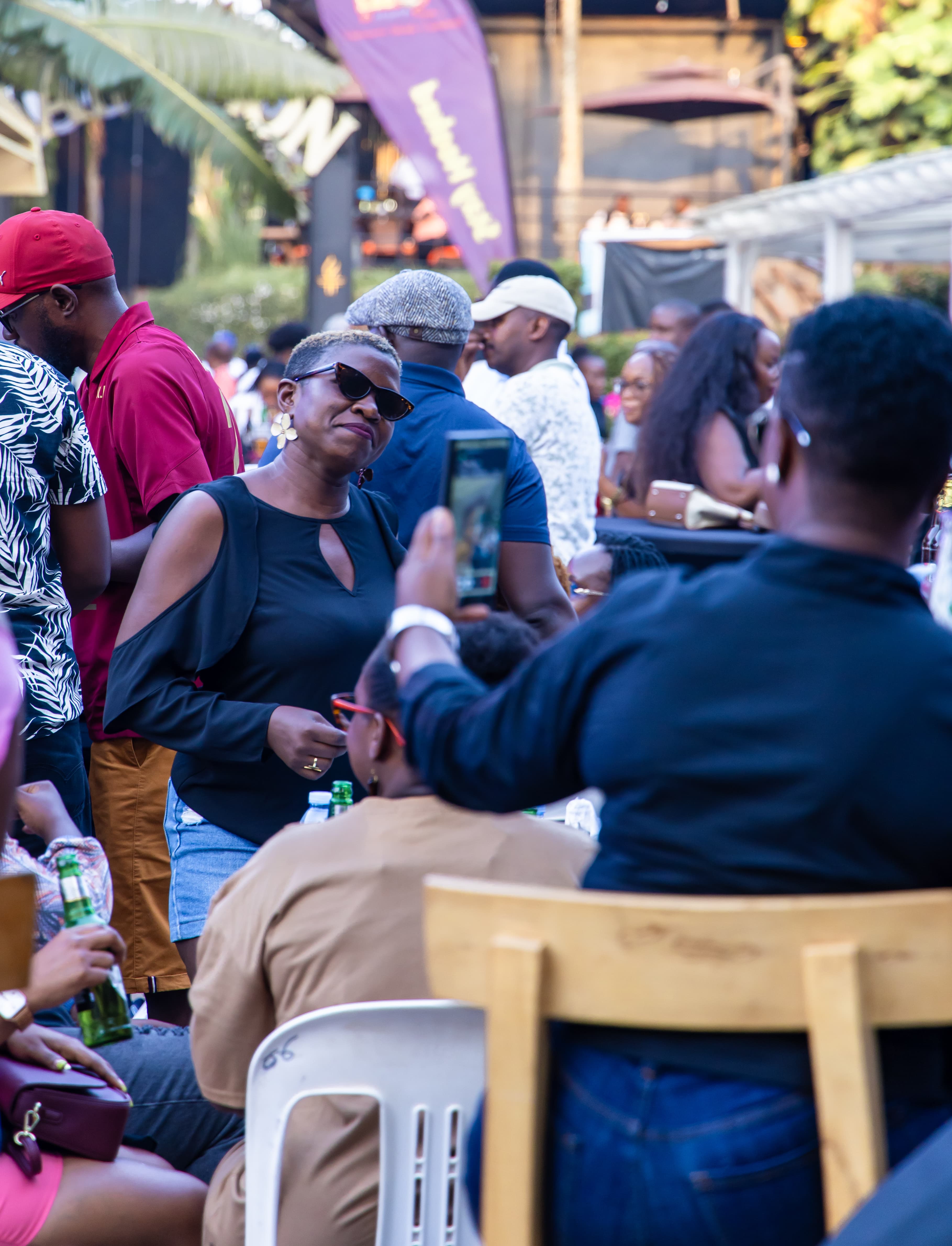 Guests connecting around the outdoor seating area